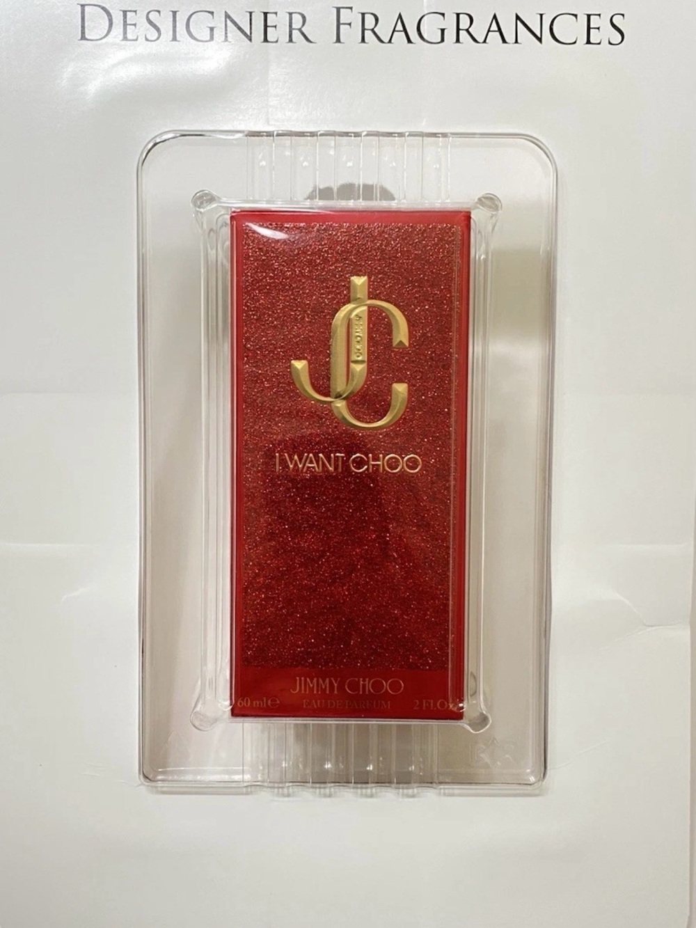 I want Choo red glitter logo perfume packaging